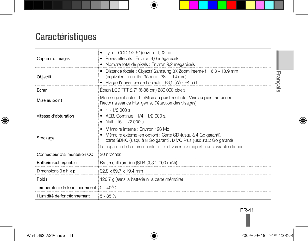 Samsung EC-PL10ZBBP/VN, EC-PL10ZRBP/FR, EC-PL10ZPBP/FR, EC-PL10ZLBP/FR, EC-PL10ZSBP/IT, EC-PL10ZRBP/IT Caractéristiques, FR-11 