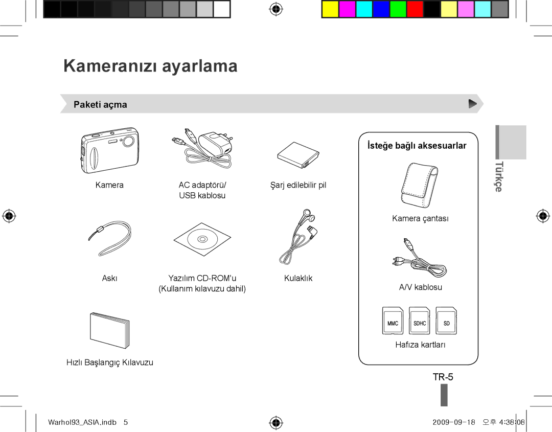 Samsung EC-PL10ZBBP/E3, EC-PL10ZRBP/FR, EC-PL10ZPBP/FR Kameranızı ayarlama, TR-5, Paketi açma, İsteğe bağlı aksesuarlar 