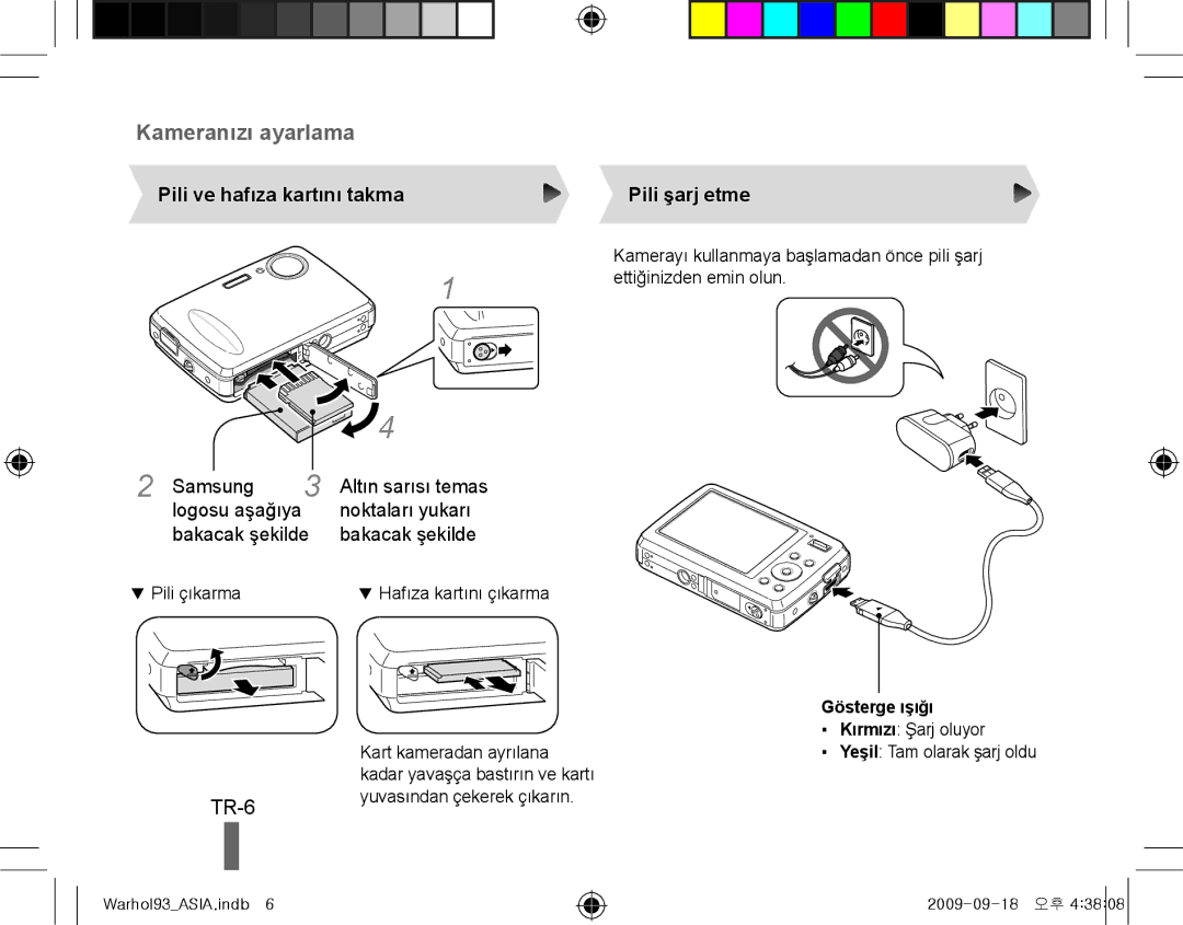 Samsung EC-PL10ZPBP/E3 manual TR-6, Pili ve hafıza kartını takma Pili şarj etme, Samsung 3 logosu aşağıya bakacak şekilde 