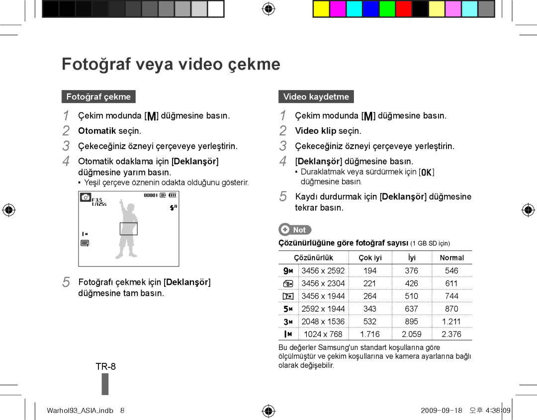 Samsung EC-PL10ZLBP/E3, EC-PL10ZRBP/FR, EC-PL10ZPBP/FR manual Fotoğraf veya video çekme, TR-8, Fotoğraf çekme, Video kaydetme 