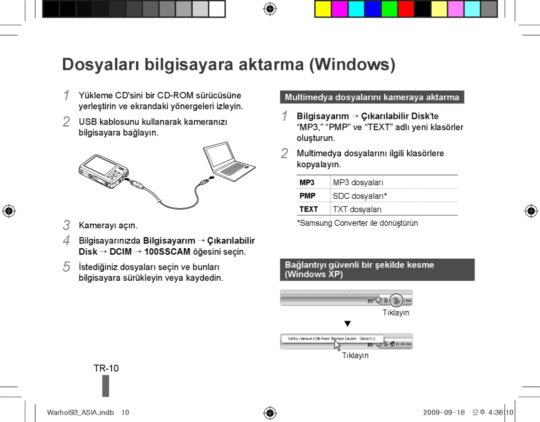 Samsung EC-PL10ZRBP/RU manual Dosyaları bilgisayara aktarma Windows, TR-10, Multimedya dosyalarını kameraya aktarma 