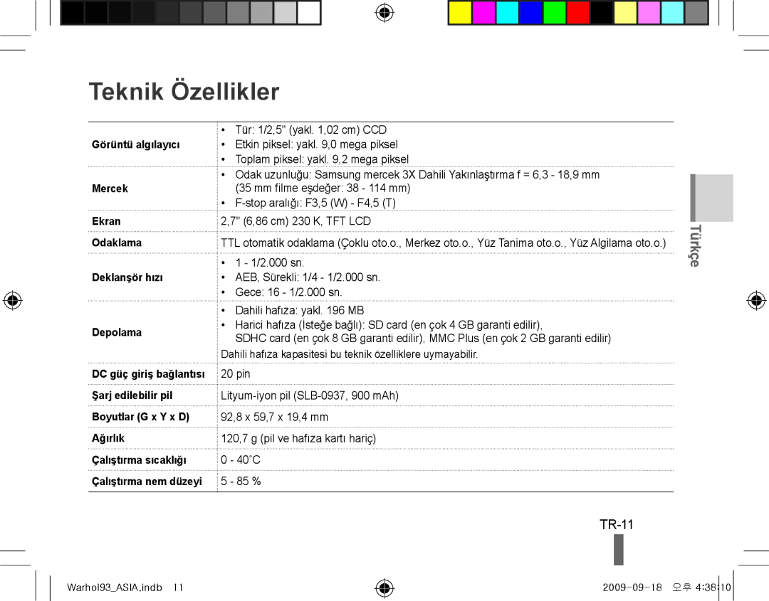 Samsung EC-PL10ZBBP/RU, EC-PL10ZRBP/FR, EC-PL10ZPBP/FR, EC-PL10ZLBP/FR, EC-PL10ZSBP/IT manual Teknik Özellikler, TR-11 