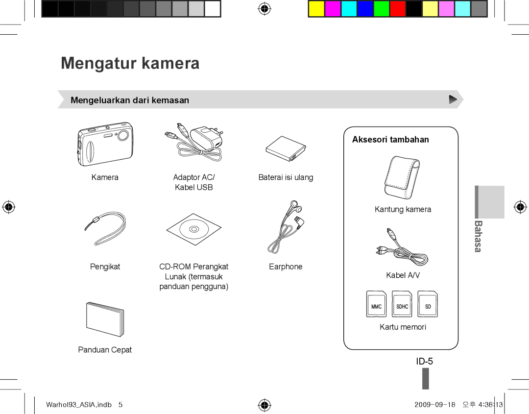 Samsung EC-PL10ZRBP/IT, EC-PL10ZRBP/FR, EC-PL10ZPBP/FR Mengatur kamera, ID-5, Mengeluarkan dari kemasan Aksesori tambahan 