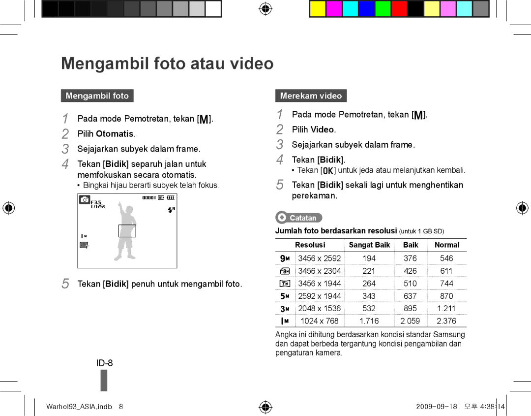 Samsung EC-PL10ZRBP/E1, EC-PL10ZRBP/FR, EC-PL10ZPBP/FR manual Mengambil foto atau video, ID-8, Pilih Otomatis, Merekam video 