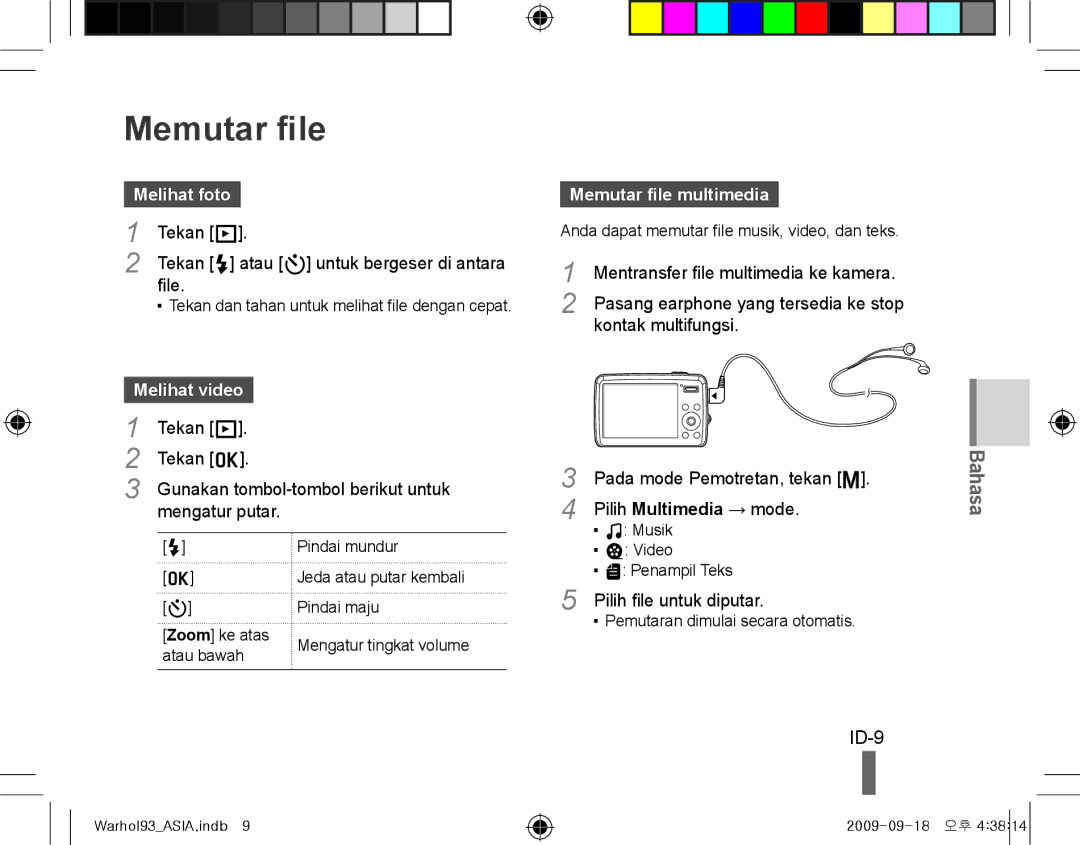 Samsung EC-PL10ZPBP/E1, EC-PL10ZRBP/FR, EC-PL10ZPBP/FR manual ID-9, Melihat foto, Melihat video, Memutar file multimedia 