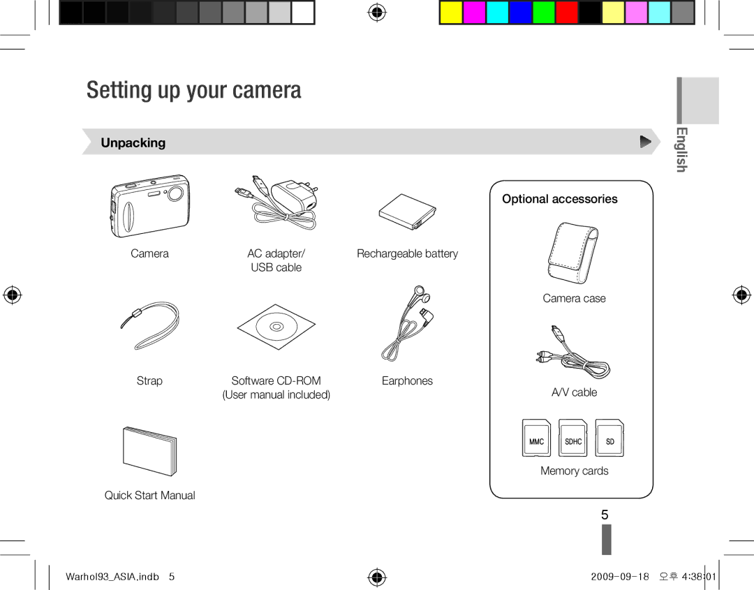 Samsung EC-PL10ZABA/IT, EC-PL10ZRBP/FR, EC-PL10ZPBP/FR manual Setting up your camera, Unpacking, Optional accessories 