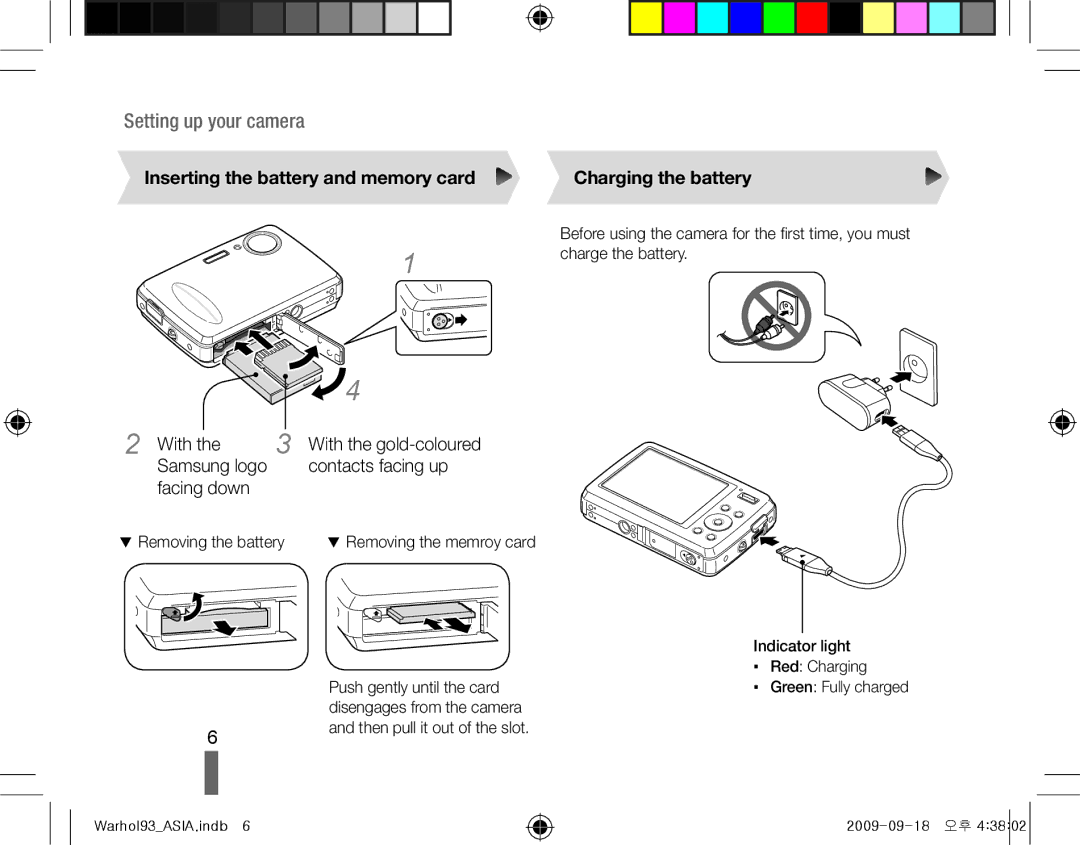 Samsung EC-PL10ZBBP/IT, EC-PL10ZRBP/FR Setting up your camera, Inserting the battery and memory card Charging the battery 