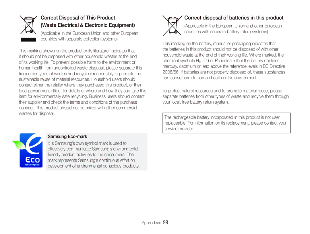 Samsung EC-PL10ZABP/VN, EC-PL10ZRBP/FR, EC-PL10ZPBP/FR manual Correct disposal of batteries in this product, Samsung Eco-mark 
