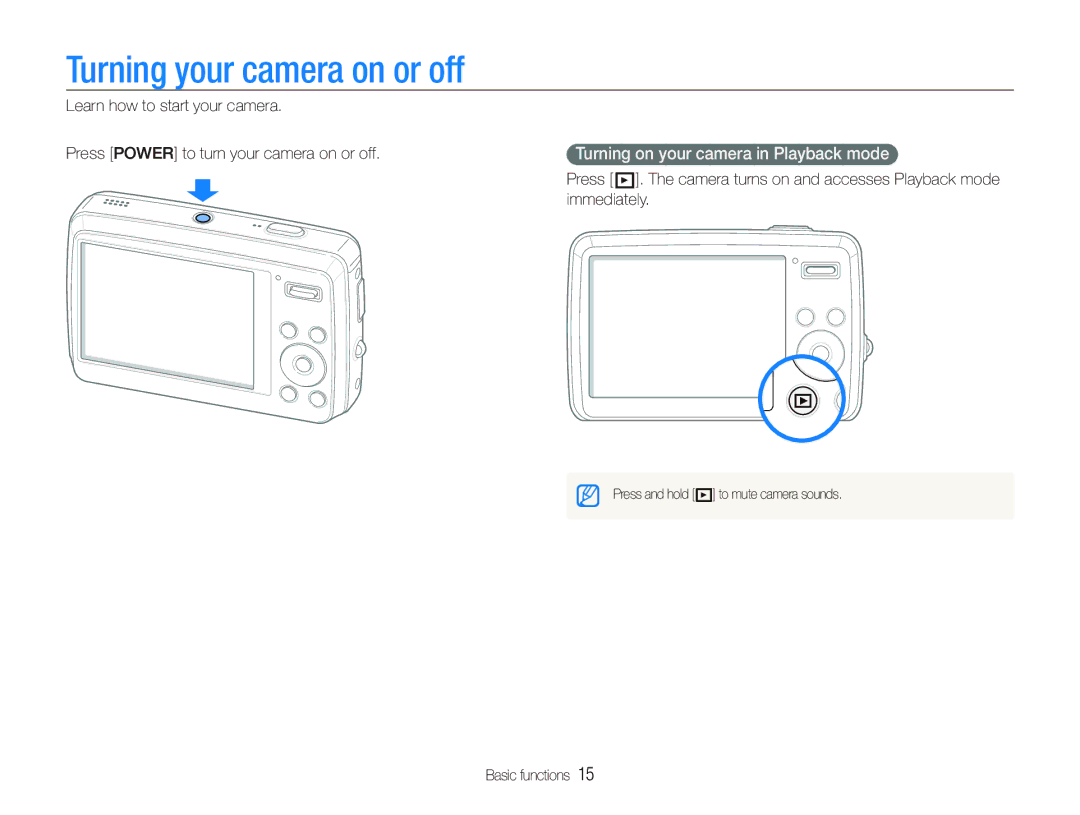 Samsung EC-PL10ZPBP/ME, EC-PL10ZRBP/FR manual Turning your camera on or off, Turning on your camera in Playback mode 