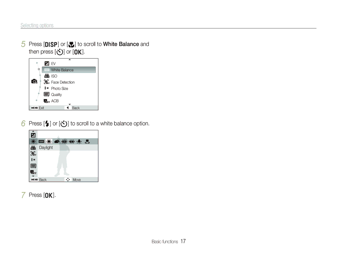 Samsung EC-PL10ZABP/VN, EC-PL10ZRBP/FR manual Selecting options, Press F or t to scroll to a white balance option, Press o 