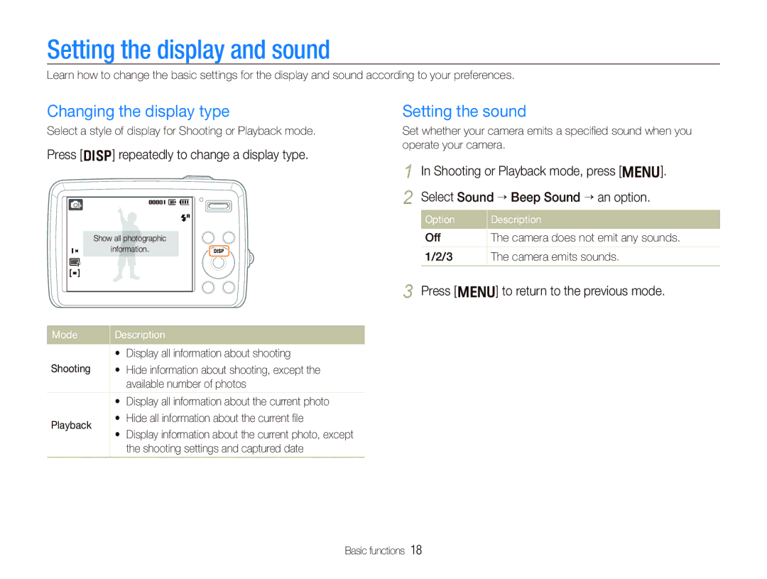 Samsung EC-PL10ZRBP/VN, EC-PL10ZRBP/FR manual Setting the display and sound, Changing the display type, Setting the sound 