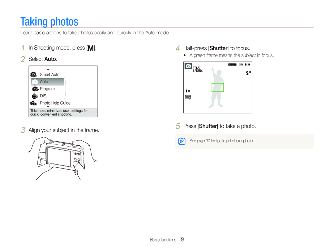 Samsung EC-PL10ZSBP/VN, EC-PL10ZRBP/FR manual Taking photos, Shooting mode, press O Select Auto, Half-press Shutter to focus 