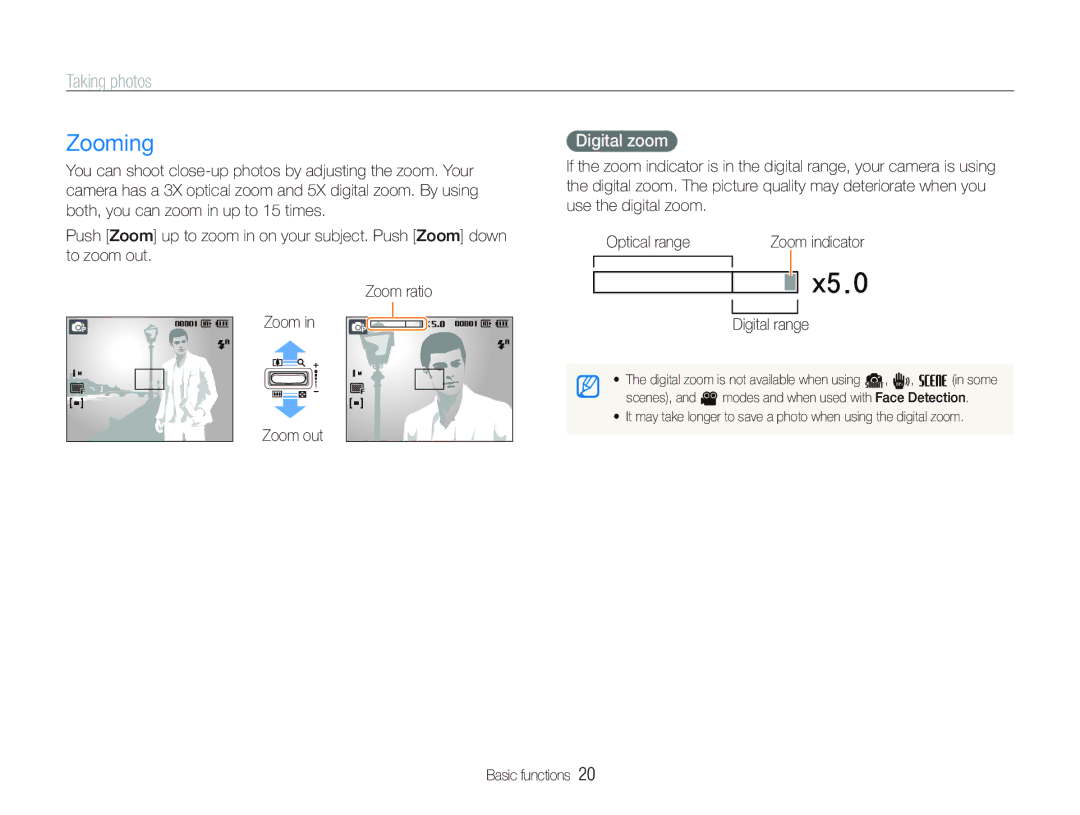 Samsung EC-PL10ZBBP/VN, EC-PL10ZRBP/FR, EC-PL10ZPBP/FR manual Zooming, Taking photos, Digital zoom, Zoom out, Digital range 