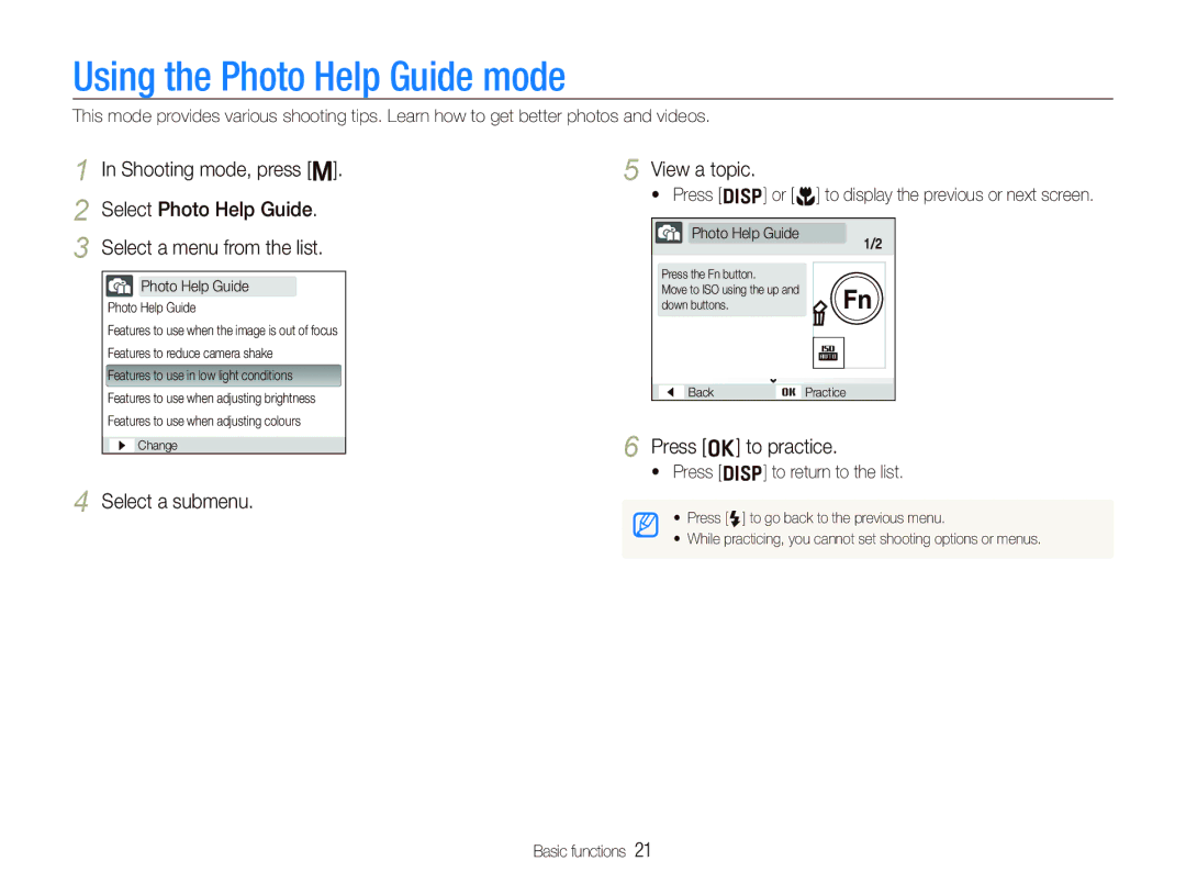 Samsung EC-PL10ZPBP/VN, EC-PL10ZRBP/FR Using the Photo Help Guide mode, Select a submenu View a topic, Press o to practice 