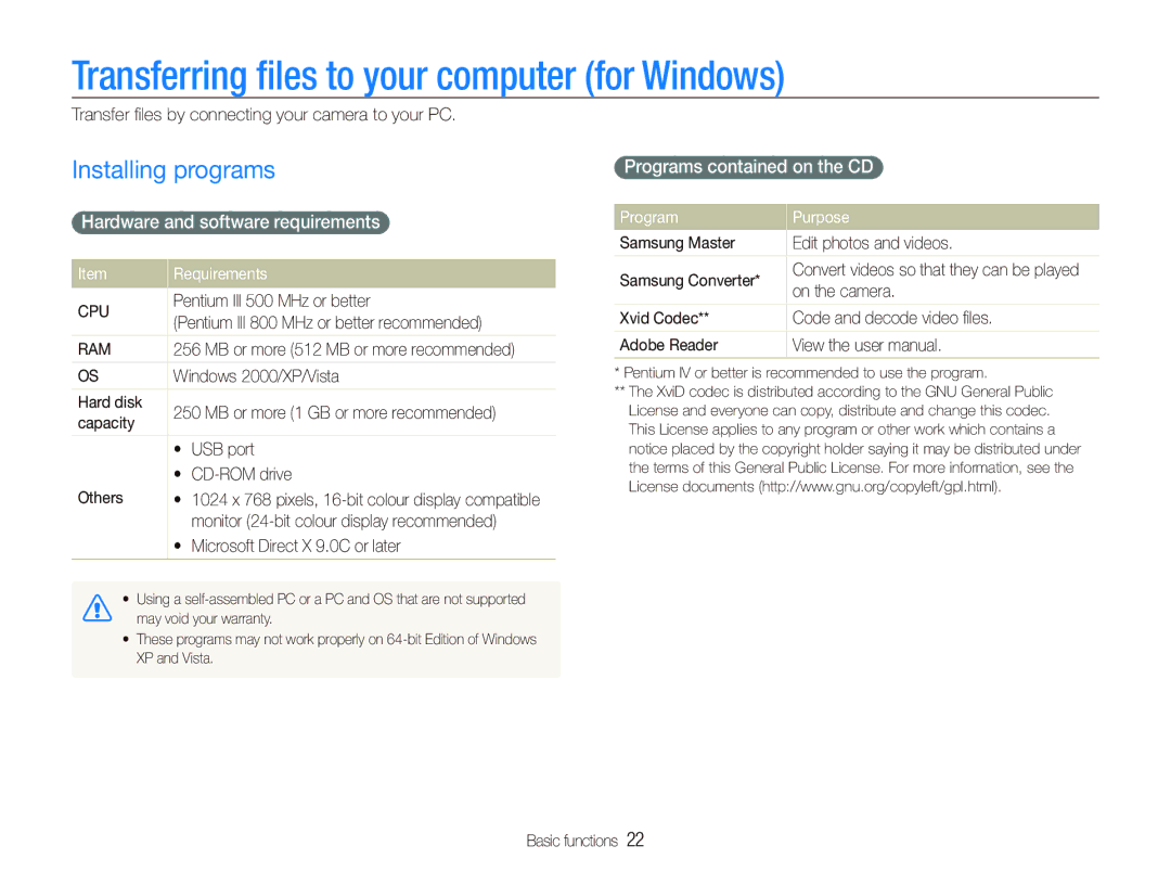 Samsung EC-PL10ZUBP/VN Transferring ﬁles to your computer for Windows, Installing programs, Programs contained on the CD 