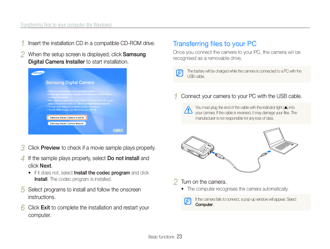 Samsung EC-PL10ZEBP/VN Transferring ﬁles to your PC, Transferring ﬁles to your computer for Windows, Turn on the camera 