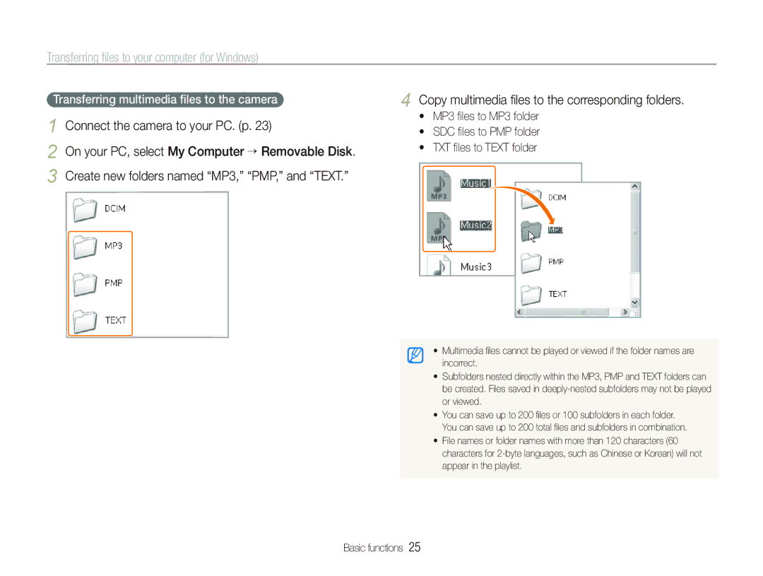 Samsung EC-PL10ZPBP/E3 manual Copy multimedia ﬁles to the corresponding folders, Transferring multimedia ﬁles to the camera 