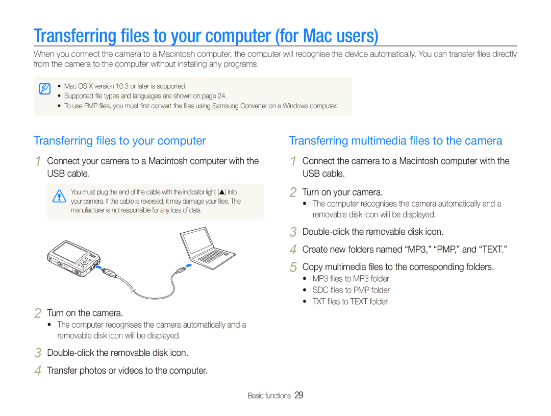 Samsung EC-PL10ZRBP/RU, EC-PL10ZRBP/FR, EC-PL10ZPBP/FR, EC-PL10ZLBP/FR manual Transferring ﬁles to your computer for Mac users 