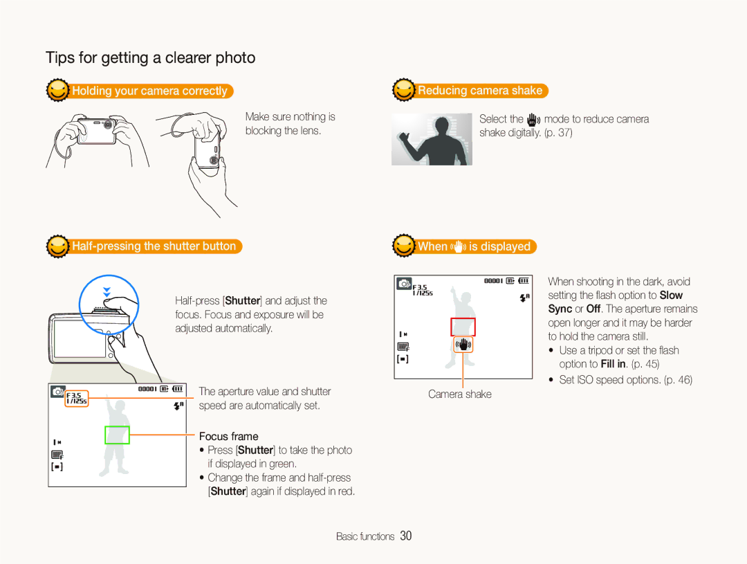 Samsung EC-PL10ZBBP/RU manual Holding your camera correctly, Half-pressing the shutter button, Reducing camera shake 