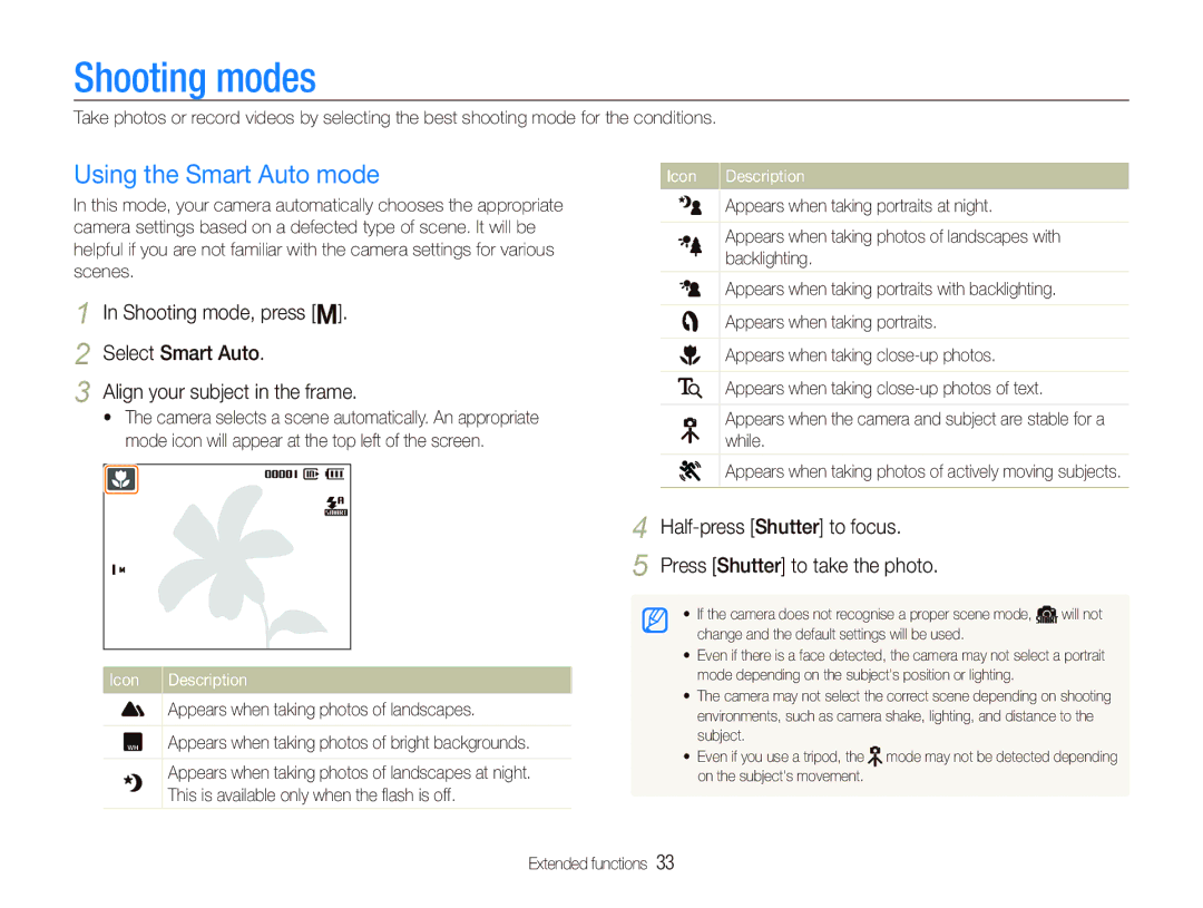 Samsung EC-PL10ZPBP/RU manual Shooting modes, Using the Smart Auto mode, Select Smart Auto Align your subject in the frame 