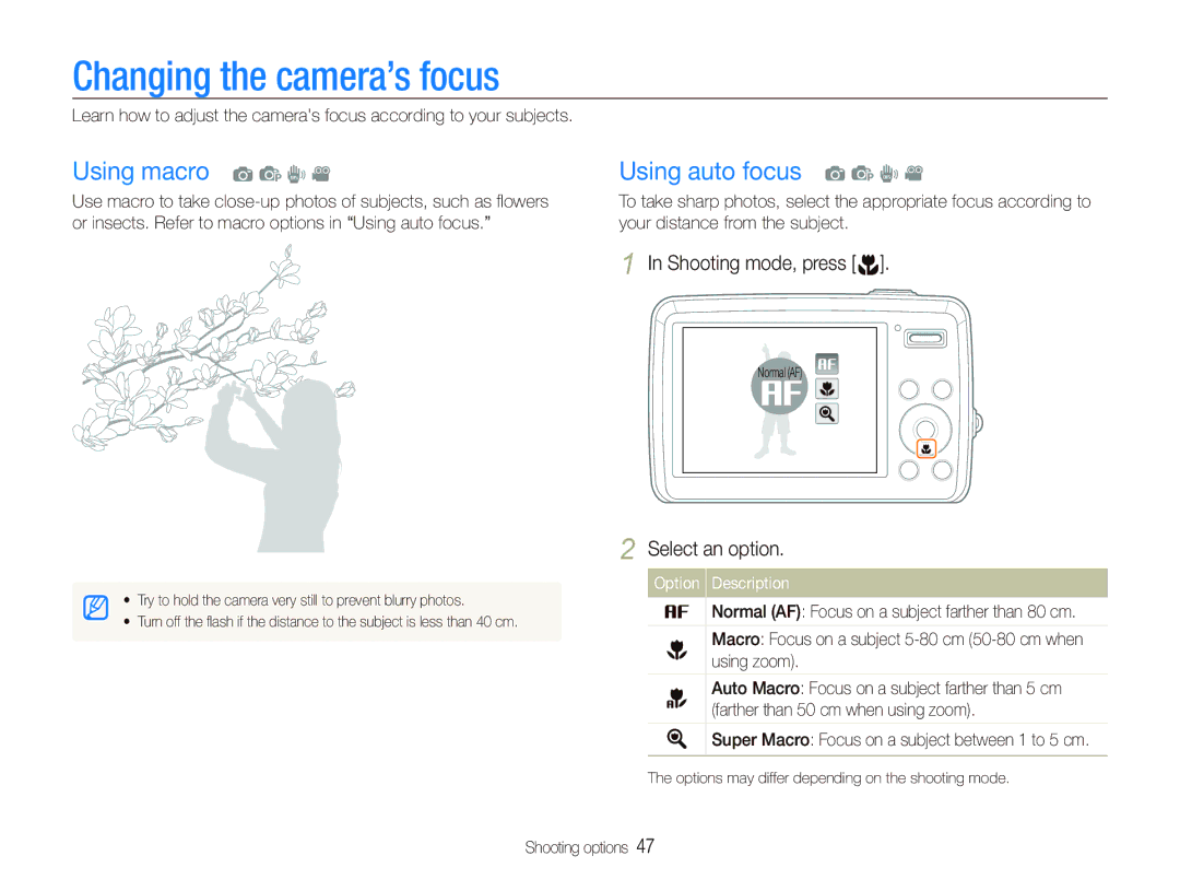 Samsung EC-PL10ZRBP/E1 Changing the camera’s focus, Using macro a p d, Using auto focus a p d, Shooting mode, press M 