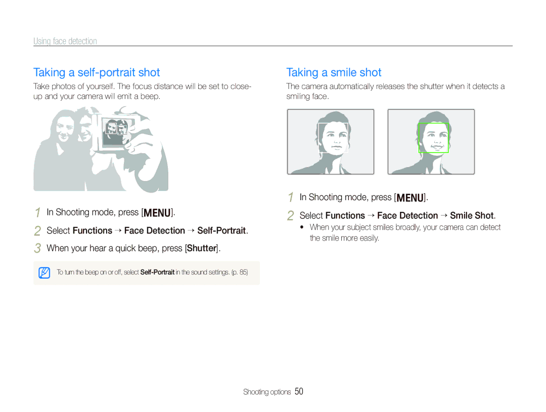 Samsung EC-PL10ZRBP/ME, EC-PL10ZRBP/FR manual Taking a self-portrait shot, Taking a smile shot, Using face detection 