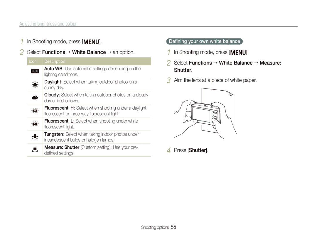 Samsung EC-PL10ZSBP/ME, EC-PL10ZRBP/FR, EC-PL10ZPBP/FR, EC-PL10ZLBP/FR manual Deﬁning your own white balance, Icon Description 