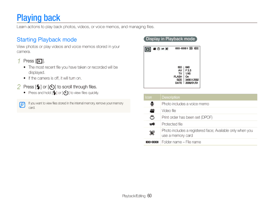 Samsung EC-PL10ZSBP/VN, EC-PL10ZRBP/FR Playing back, Starting Playback mode, Press P, Press F or t to scroll through ﬁles 