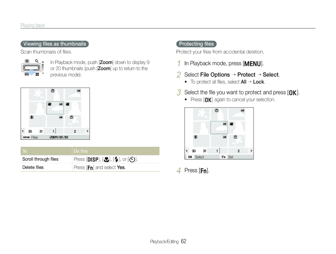 Samsung EC-PL10ZPBP/VN manual Select the ﬁle you want to protect and press o, Press f, Viewing ﬁles as thumbnails, Do this 