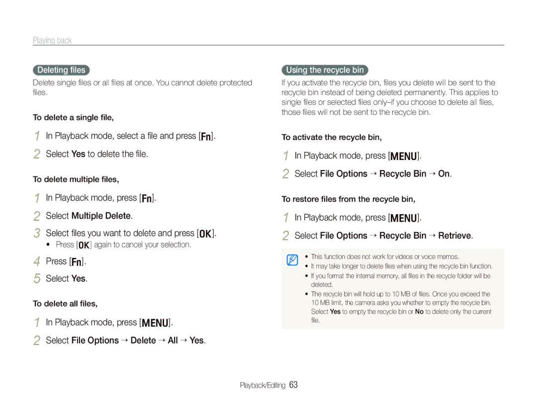 Samsung EC-PL10ZUBP/VN, EC-PL10ZRBP/FR, EC-PL10ZPBP/FR manual Press f Select Yes, Deleting ﬁles, Using the recycle bin 