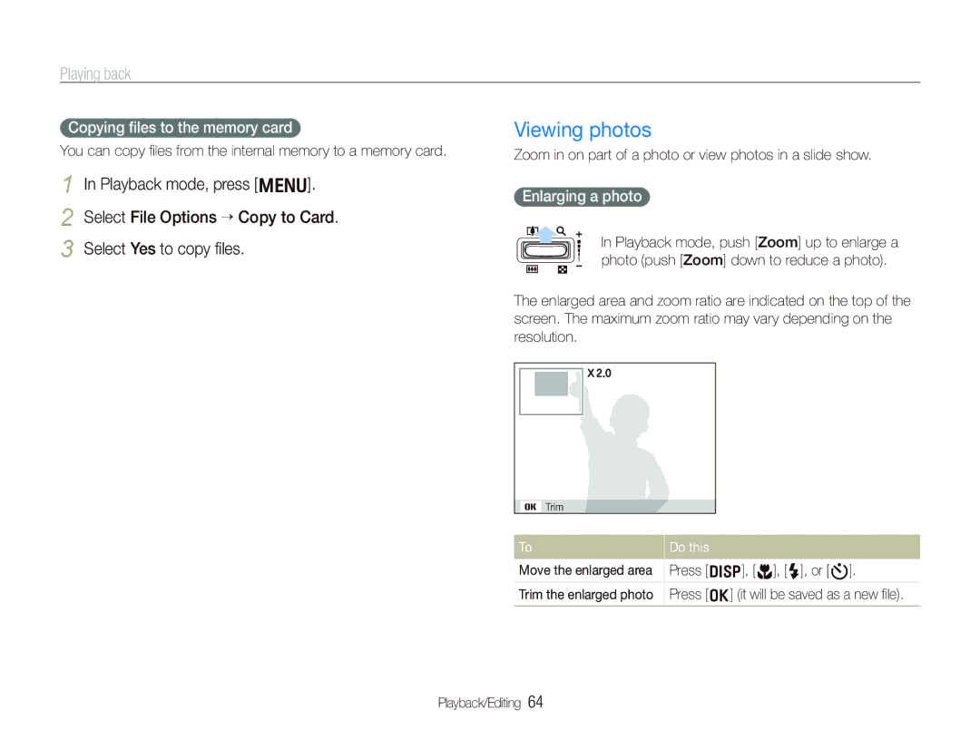 Samsung EC-PL10ZEBP/VN manual Viewing photos, Select File Options ““Copy to Card Select Yes to copy ﬁles, Enlarging a photo 