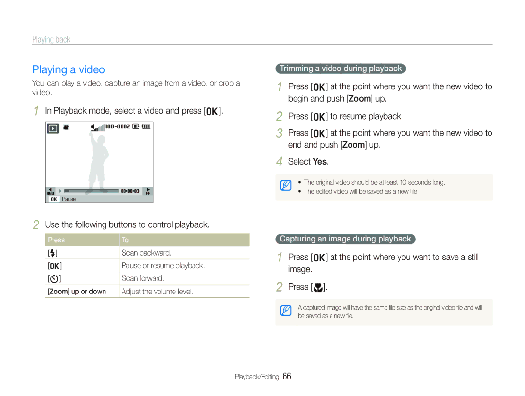 Samsung EC-PL10ZPBP/E3 manual Playing a video, Playback mode, select a video and press o, Trimming a video during playback 