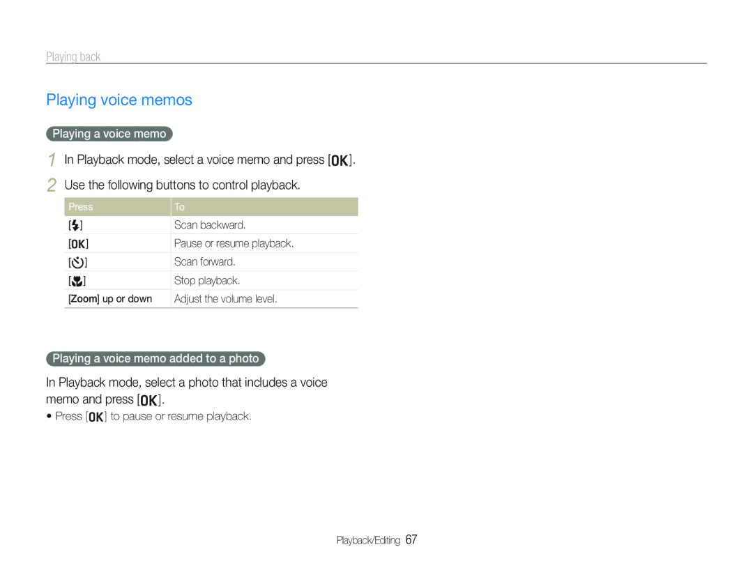 Samsung EC-PL10ZRBP/E3, EC-PL10ZRBP/FR manual Playing voice memos, Playing a voice memo added to a photo, Stop playback 