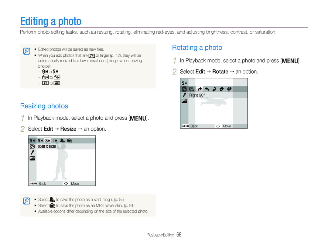 Samsung EC-PL10ZLBP/E3, EC-PL10ZRBP/FR, EC-PL10ZPBP/FR, EC-PL10ZLBP/FR Editing a photo, Resizing photos, Rotating a photo 