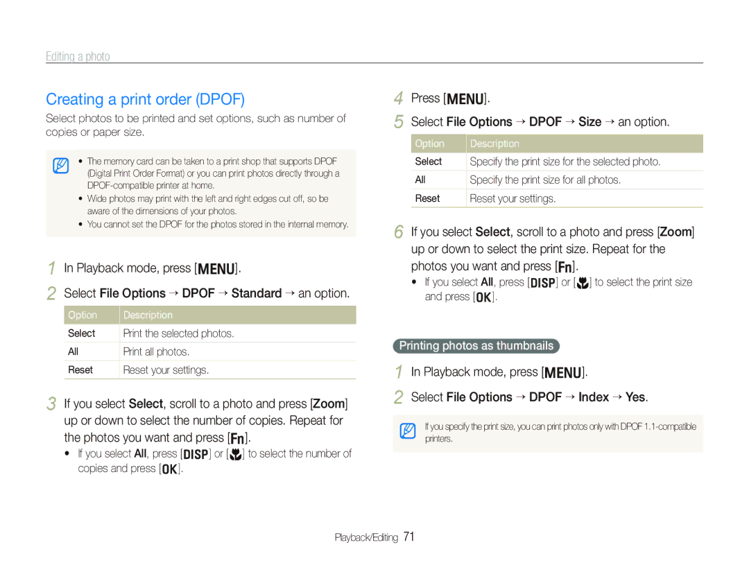 Samsung EC-PL10ZBBP/RU, EC-PL10ZRBP/FR Creating a print order Dpof, Playback mode, press m, Photos you want and press f 