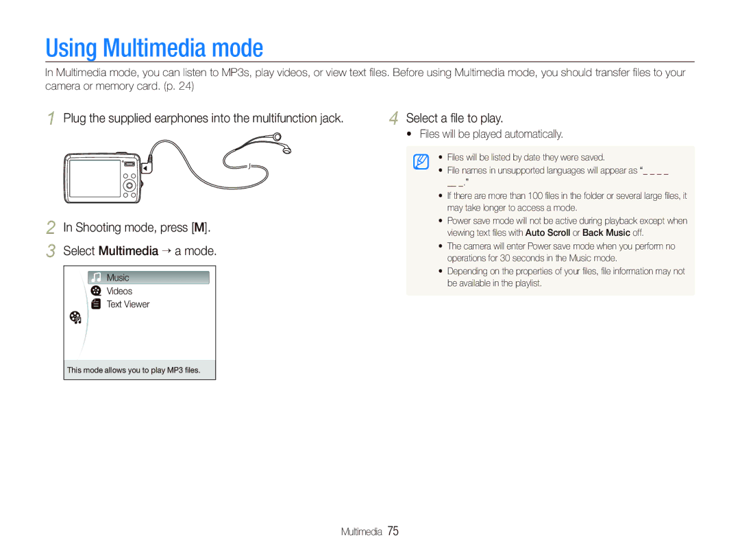 Samsung EC-PL10ZUBA/RU, EC-PL10ZRBP/FR, EC-PL10ZPBP/FR, EC-PL10ZLBP/FR manual Using Multimedia mode, Select a ﬁle to play 