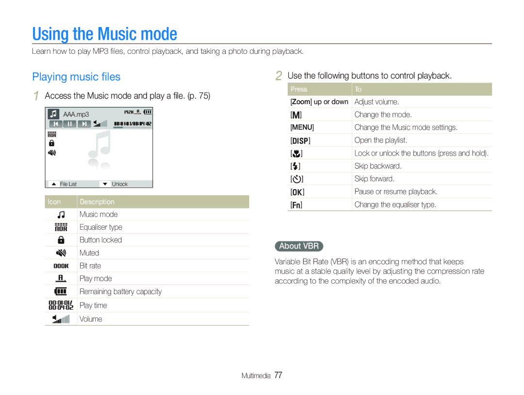 Samsung EC-PL10ZLBP/RU manual Using the Music mode, Playing music ﬁles, Access the Music mode and play a ﬁle. p, About VBR 