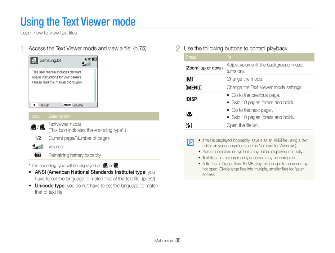 Samsung EC-PL10ZABP/E3, EC-PL10ZRBP/FR Using the Text Viewer mode, Access the Text Viewer mode and view a ﬁle. p.75, Icon 