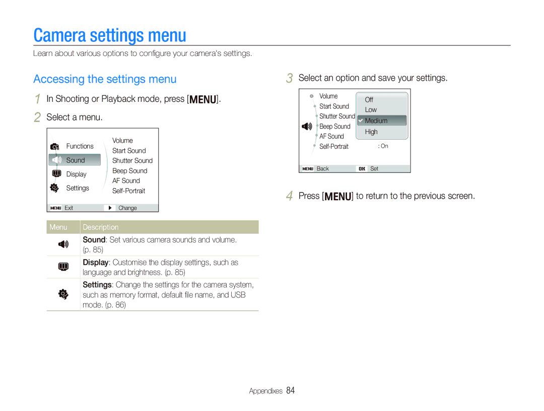 Samsung EC-PL10ZSBP/IT manual Camera settings menu, Accessing the settings menu, Press m to return to the previous screen 