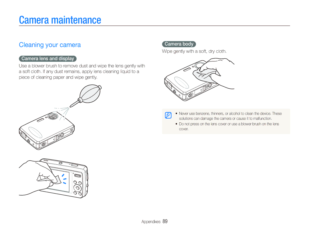 Samsung EC-PL10ZPBP/E1, EC-PL10ZRBP/FR manual Camera maintenance, Cleaning your camera, Camera lens and display, Camera body 