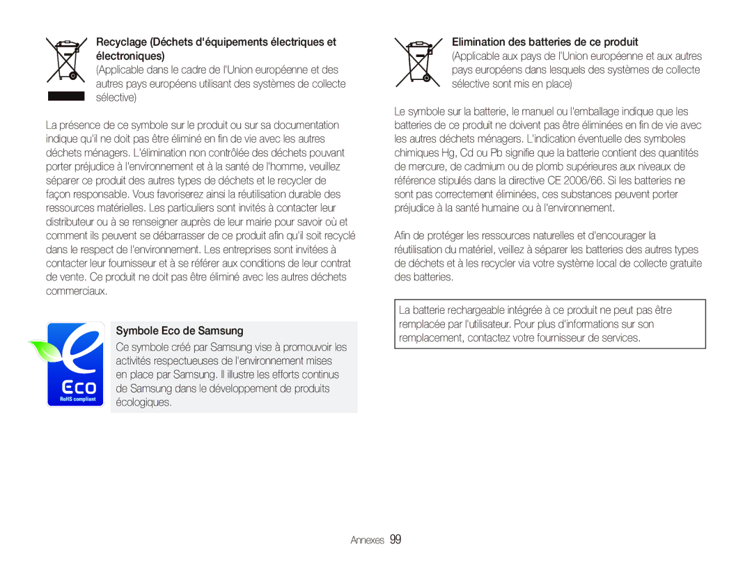 Samsung EC-PL10ZPBP/FR, EC-PL10ZRBP/FR, EC-PL10ZLBP/FR manual Symbole Eco de Samsung, Elimination des batteries de ce produit 