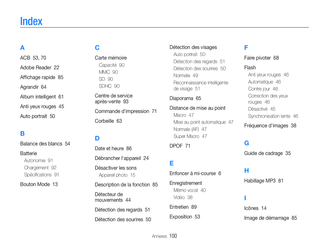 Samsung EC-PL10ZLBP/FR, EC-PL10ZRBP/FR manual Index, Autonomie Chargement Spéciﬁcations, Capacité MMC, Mémo vocal Vidéo 