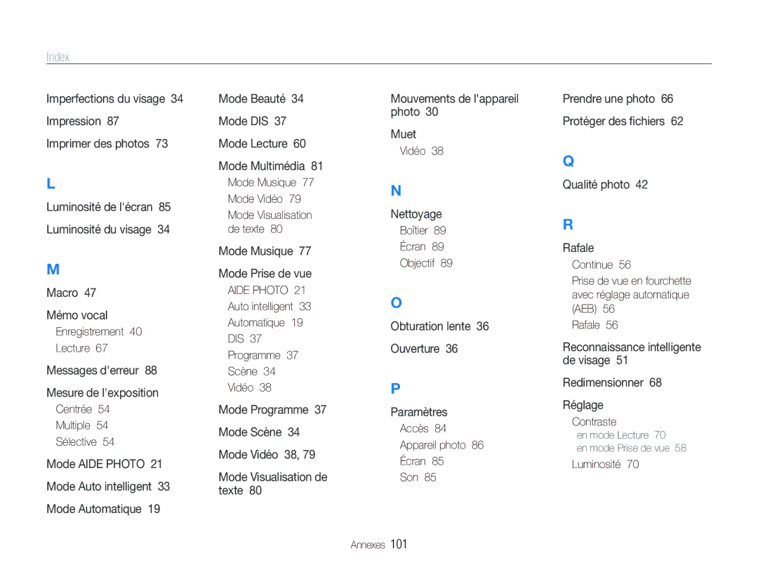 Samsung EC-PL10ZRBP/FR, EC-PL10ZPBP/FR, EC-PL10ZLBP/FR manual Index 