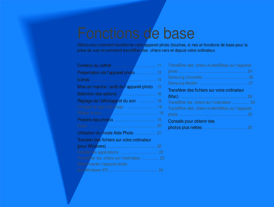 Samsung EC-PL10ZLBP/FR, EC-PL10ZRBP/FR, EC-PL10ZPBP/FR manual Fonctions de base 