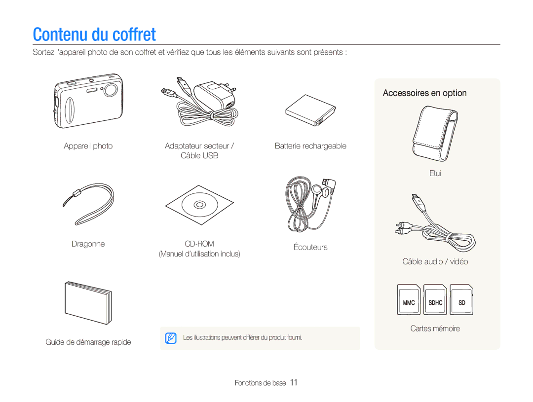 Samsung EC-PL10ZRBP/FR manual Contenu du coffret, Accessoires en option, Appareil photo, Dragonne, Fonctions de base 