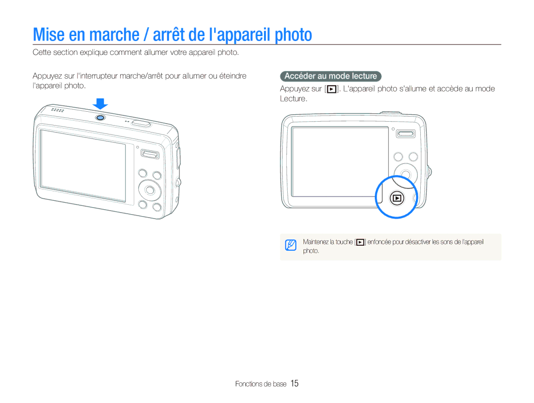 Samsung EC-PL10ZPBP/FR, EC-PL10ZRBP/FR, EC-PL10ZLBP/FR Mise en marche / arrêt de lappareil photo, Accéder au mode lecture 