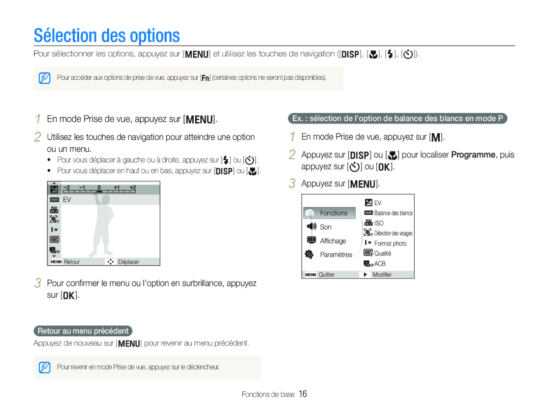 Samsung EC-PL10ZLBP/FR Sélection des options, En mode Prise de vue, appuyez sur m, Appuyez sur m, Retour au menu précédent 