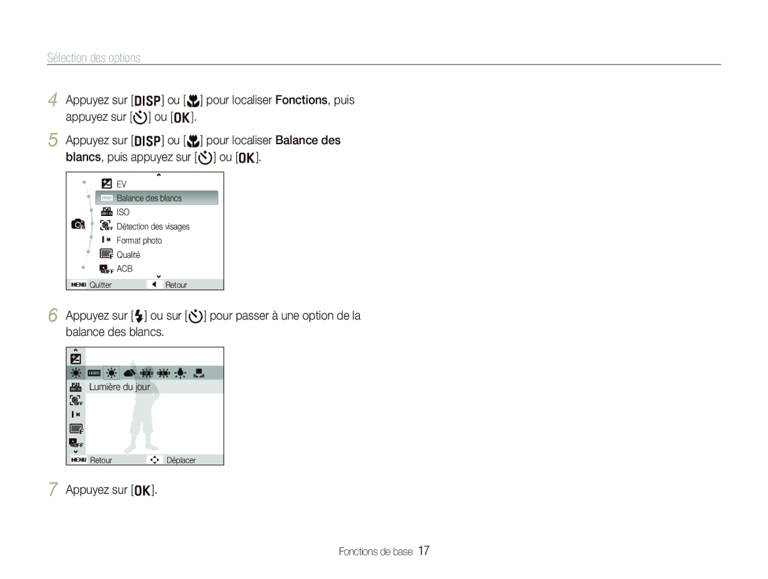 Samsung EC-PL10ZRBP/FR, EC-PL10ZPBP/FR, EC-PL10ZLBP/FR manual Sélection des options, Appuyez sur o 