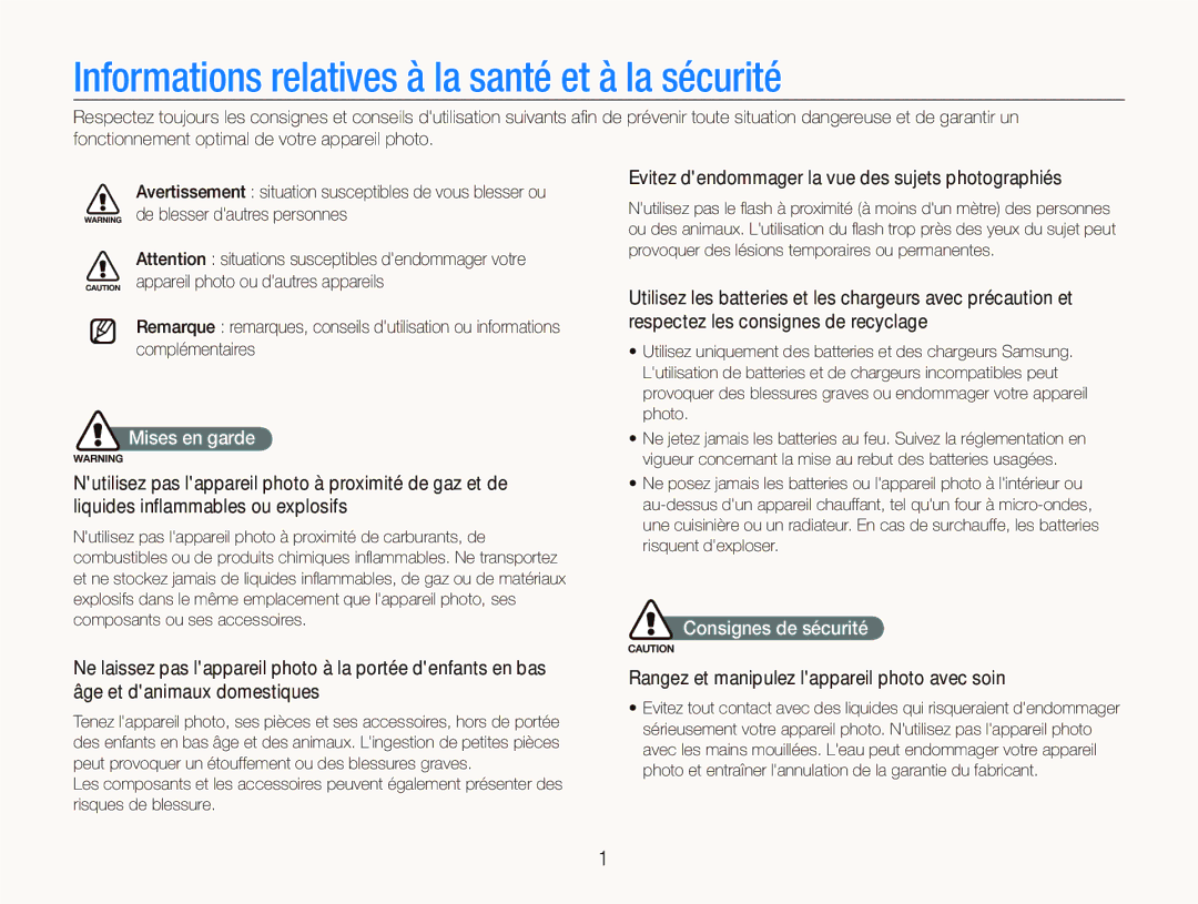 Samsung EC-PL10ZLBP/FR manual Informations relatives à la santé et à la sécurité, Mises en garde, Consignes de sécurité 