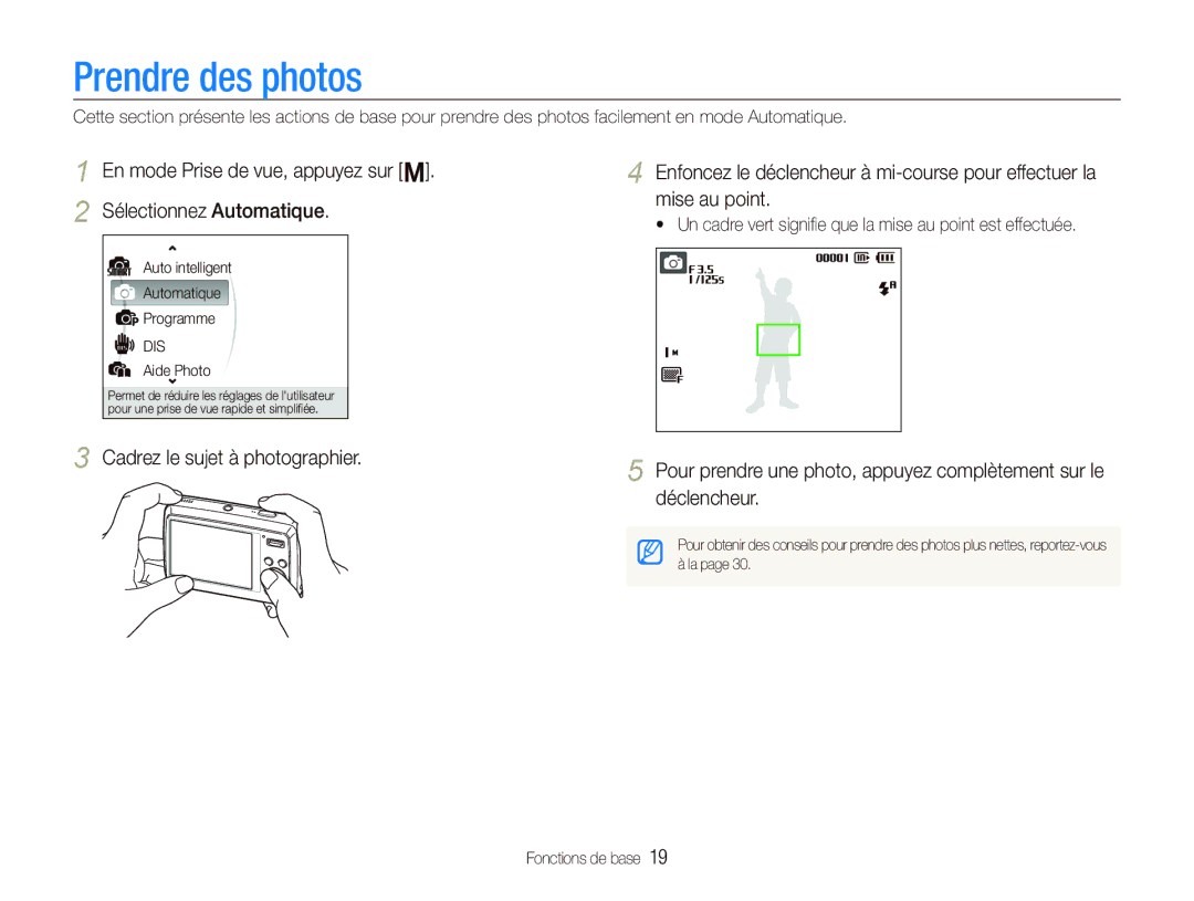 Samsung EC-PL10ZLBP/FR, EC-PL10ZRBP/FR, EC-PL10ZPBP/FR Prendre des photos, Cadrez le sujet à photographier, Déclencheur 